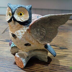 Vintage Owl on Branch Ceramic Figurine Statue Collectible